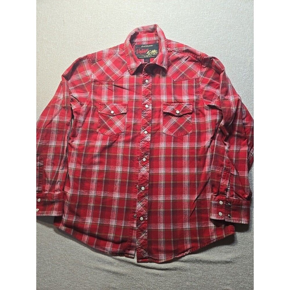 Vintage OLD NAVY Western Flannel Shirt Red Plaid Pearl Snaps Men's Size Large L